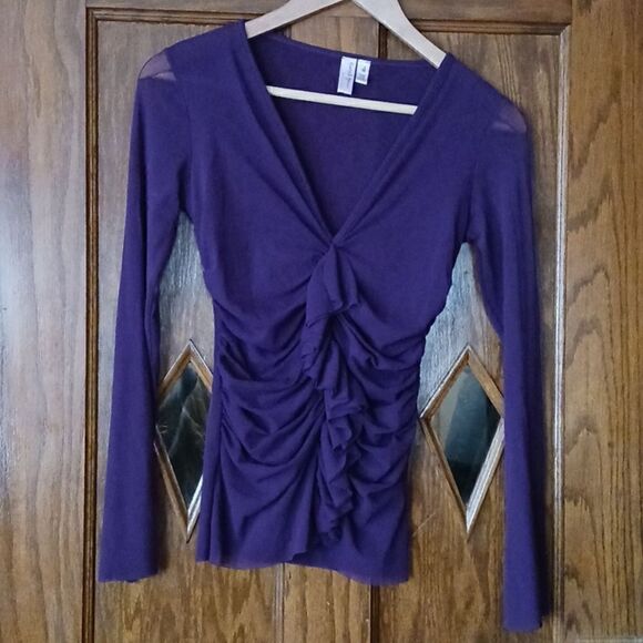 Sweet Pea Stretch Ruched V Neck Ruffled Long Sleeve Top Purple - Picture 1 of 6